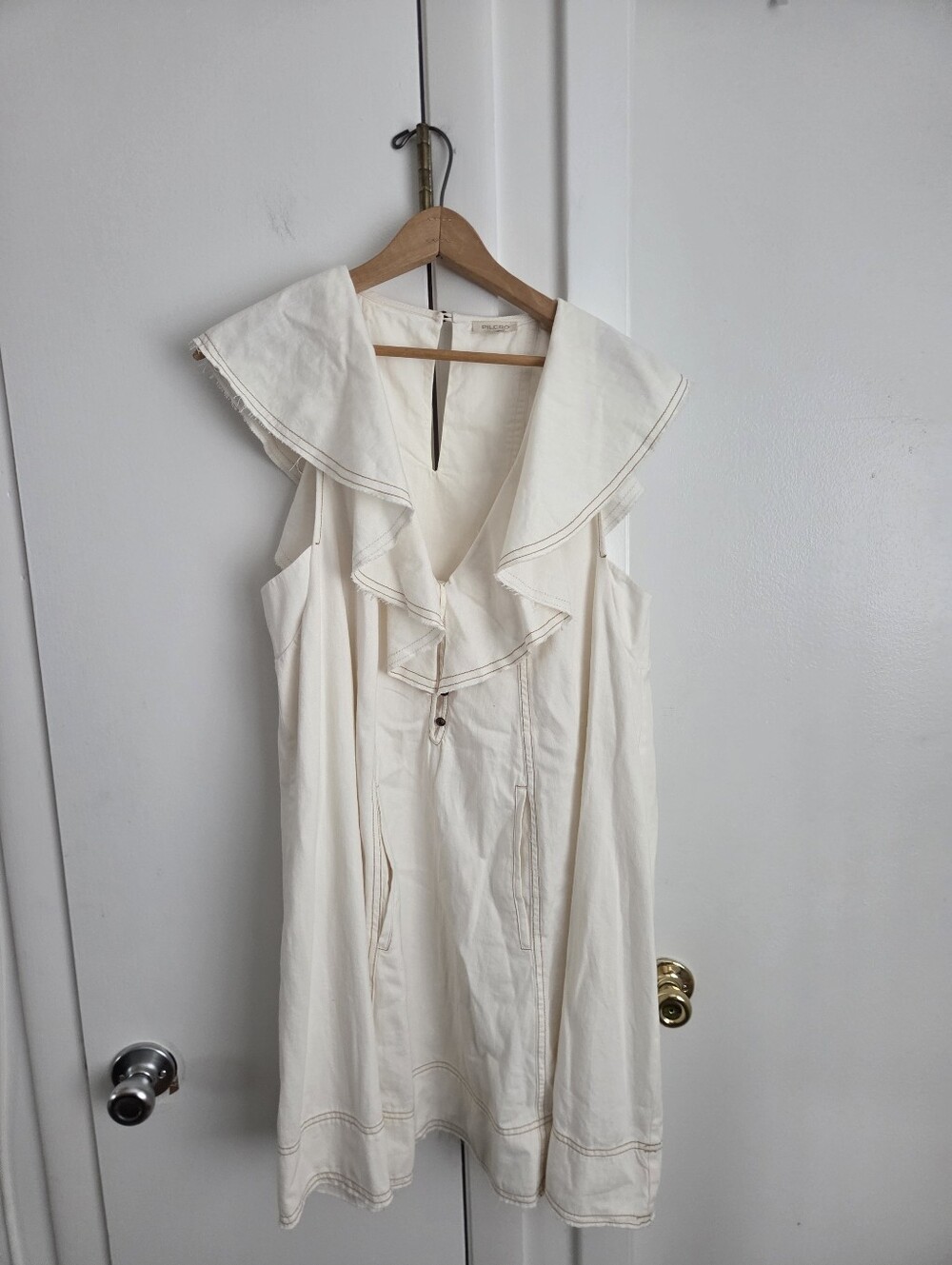 Anthropologie Pilcro White Denim Peasant Ruffle Babydoll Mini Dress Size Medium - Picture 2 of 6